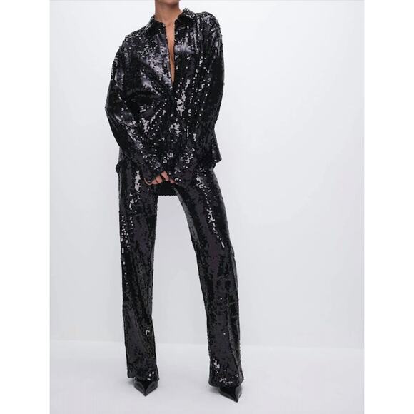 Good American Black Sequin Wide Leg Pants - Picture 1 of 8